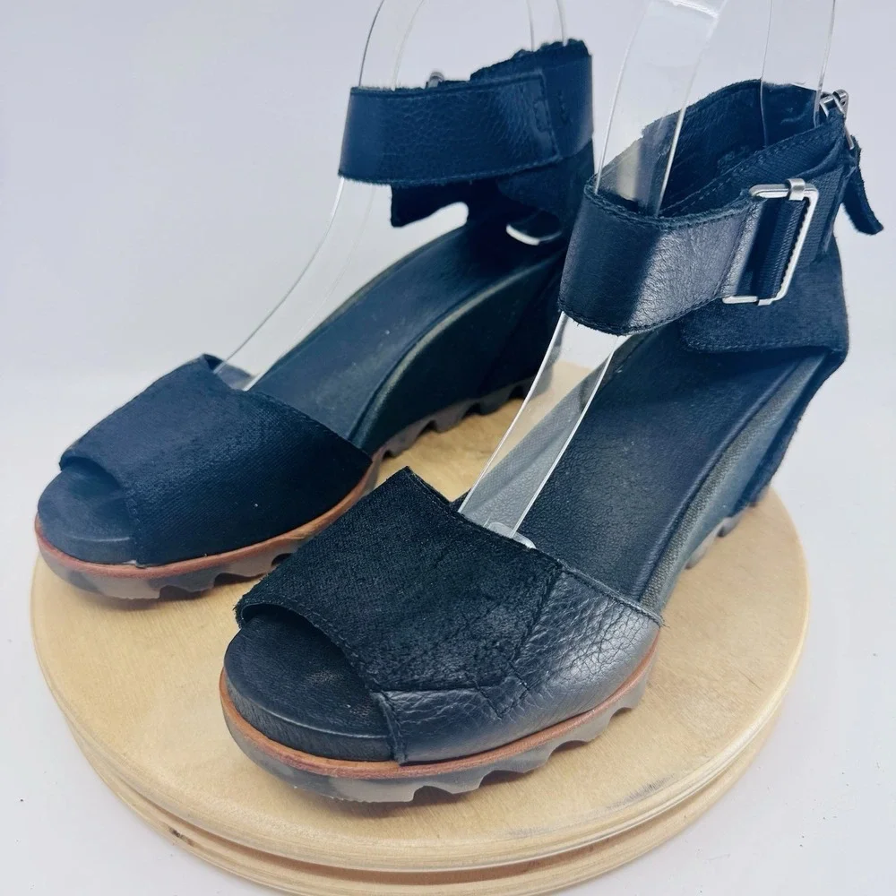 Sorel Joanie II Wedge Sandals Womens 8.5 Black Ankle Strap Zipper Shoes